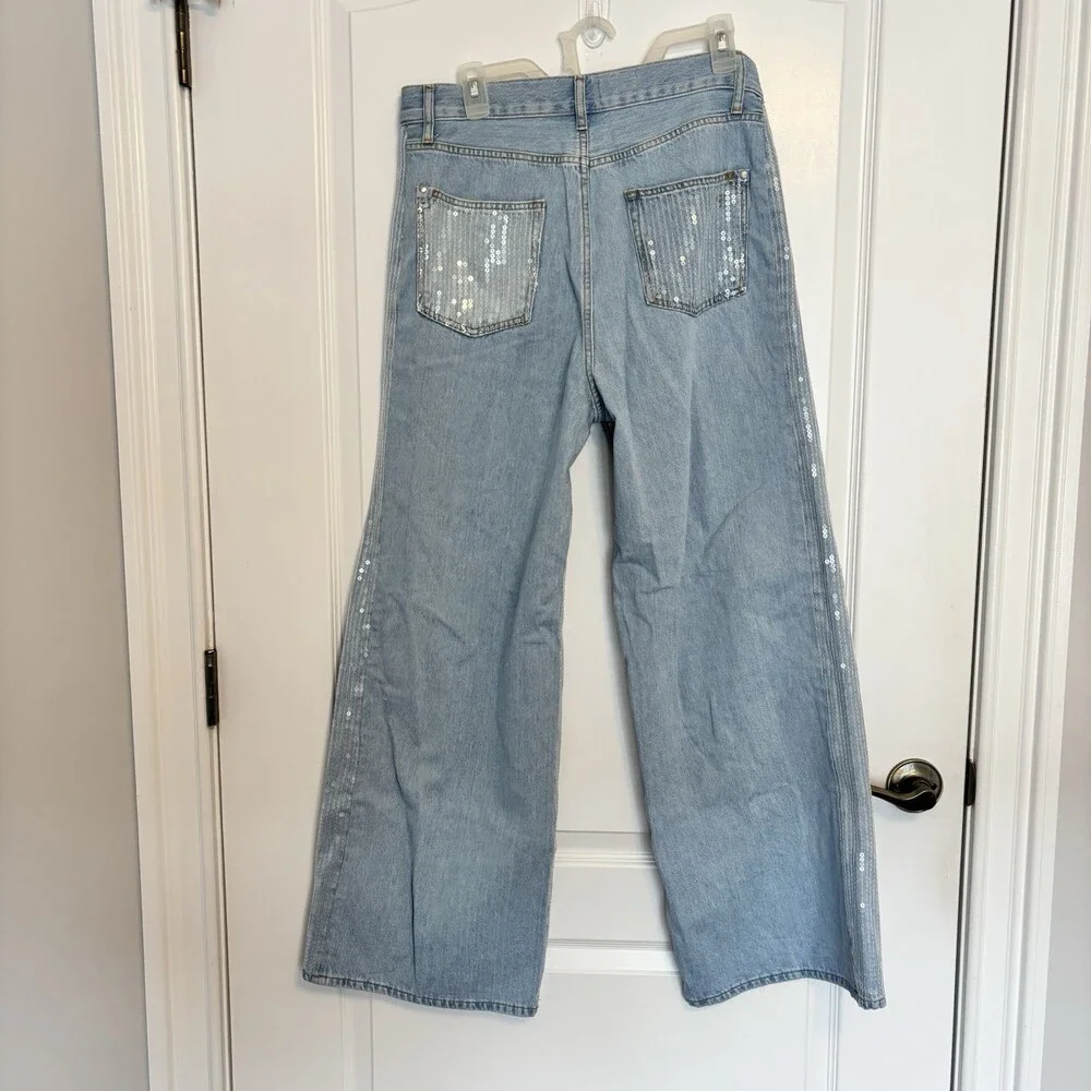 Pilcro Light Wash Sequin Wide-Leg High Rise Denim Jeans Blue Women's 5-Pocket - Picture 3 of 6